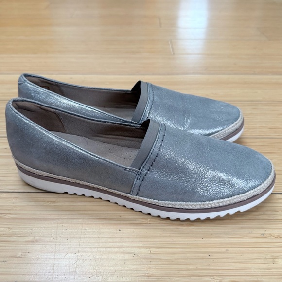 Clarks Shoes - Clarks Metallic Grey Slip-On Loafers, women’s 8.5
